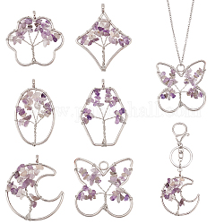 PandaHall Elite 6Pcs 6 Styles Natural Amethyst Copper Wire Wrapped Chip Big Pendants, Tree of Life Charm, with Platinum Tone Iron Findings, Flower & Rhombus & Butterfly, Mixed Shapes, 51~59x36~51x8mm, Hole: 6.2mm, 1pc/style