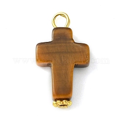 Natural Tiger Eye Pendants, with Golden Plated Alloy Loops, Cross Charms, 19~19.5x11x4~4.5mm, Hole: 2.5mm