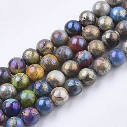 Brins de perles de calcite synthétique galvanisées, multi-couleur plaquée, teinte, ronde, colorées, 8~8.5mm, Trou: 1~1.2mm, Environ 52 pcs/chapelet, 16.14 pouce