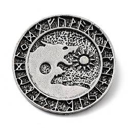 Tibetischer stil Aluminium Anhänger & Charms, flach rund mit Wolf & Sonne, Antik Silber Farbe, 36.5x2 mm, Bohrung: 7.5x4.3 mm