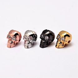 Brass Beads, Micro Pave Grade AAA Cubic Zirconia, Skull, Cadmium Free & Nickel Free & Lead Free, Mixed Color, 12.5x9x10mm, Hole: 2mm