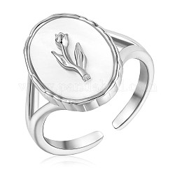 925 anello a polsino aperto ovale in argento sterling rodiato con tulipani, anello da dito grosso in conchiglia naturale da donna, platino, misura degli stati uniti 5 1/4 (15.9mm)