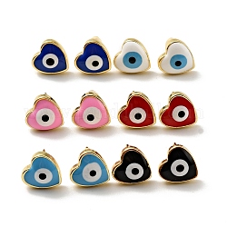 Heart with Evil Eye Enamel Stud Earrings, Gold Plated Brass Jewelry for Women, Cadmium Free & Lead Free, Mixed Color, 9.5x9.5mm, Pin: 0.8mm