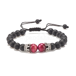 Bracelet en perles tressées en agate noire givrée naturelle (teinte) et œil de tigre avec couronne en alliage, bijoux en pierres précieuses pour femmes, support violet rouge, diamètre intérieur: 2-1/4~3-3/4 pouce (5.6 cm)