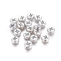 Perle acriliche placcate color argento, stile lettera, foro orizzontale, rotondo e piatto, letter.k, 7x3.5mm, Foro: 1 mm