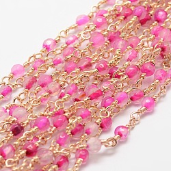3.28 Feet Faceted Round Natural Agate Handmade Beaded Chains, Unwelded, with Golden Brass Findings, Cadmium Free & Nickel Free & Lead Free, Deep Pink, 14.5x4mm