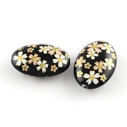Patrón de flores opacas perlas acrílicas impresas, oval, negro, 19x13.5x6mm, agujero: 2 mm