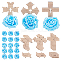 Olycraft 18pcs 3 styles halloween croix en bois ornement, décoration d'église, avec 18 bouquet de roses artificielles en mousse, couleur mixte, croix: 105~113x73x3 mm, 6 pièces / style