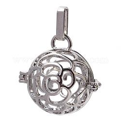 Rack Plating Brass Cage Pendants, For Chime Ball Pendant Necklaces Making, Hollow Round with Flower, Platinum, 25x25x20mm, Hole: 3.5x8mm, inner measure: 17mm