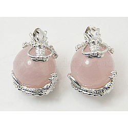 Pendentifs de quartz rose naturel, avec les accessoires en laiton, dragon avec rond, rose, 27x22mm, Trou: 5mm