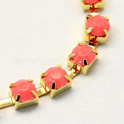 Golden Tone Iron Acrylic Claw Chains, Acrylic Rhinestone Cup Chains, Light Coral, 4mm, about 32.8 Feet(10m)/bundle