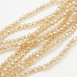 Electroplate Glass Beads Strands, Faceted Round, Wheat, 3mm, Hole: 1mm, about 100pcs/strand, 11.5 inch