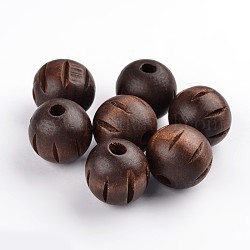 Natural Wood Beads, Lead Free, Dyed, with Carved Pattern, Round, Coffee, 25mm, Hole: 5.5mm