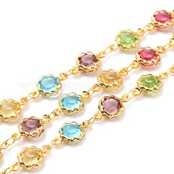 Handmade Acrylic Beaded Chains, with Rack Plating Golden Brass Findings and Spool, Long-Lasting Plated, Soldered, Flowers, Colorful, 11.5x7x3mm, about 32.8 Feet(10m)/roll