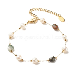Natural Moss Agate & Pearl Beaded Bracelet, Gold Plated Stainless Steel Jewelry for Women, 7-1/4~7-1/2 inch(18.5~19cm)