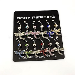 Dragonfly 316L Stainless Steel Belly Rings, with Alloy Rhinestone Findings, Mixed Color, 25x8mm, Pin: 1.5mm, about 12pcs/board