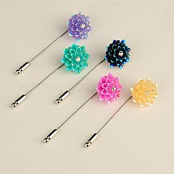 Fashion Lapel Pins, with Resin Rhinestone Cabochons and Brass Findings, Mixed Color, 67mm
