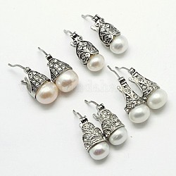 Créoles avec pendentif en 304 acier inoxydable, avec perles d'eau douce de perles et zircons, mixedstyle, couleur mixte, 19~21x9~11x9mm
