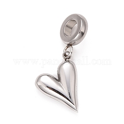 304 Stainless Steel European Dangle Charms, Large Hole Pendants, Heart, Stainless Steel Color, 27mm, Hole: 5mm, Heart: 16x12.5x3.5mm