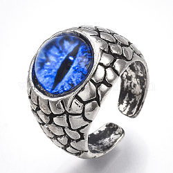 合金ガラスカフ指輪  ワイドバンドリング  ドラゴンアイ  アンティークシルバー  ブルー  サイズ9  19mm
