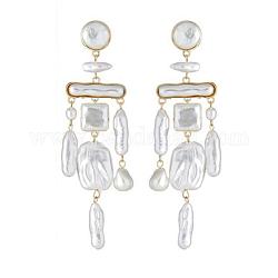 ABS Imitating Baroque Pearl Geometry Chandelier Earrings, Golden Alloy Long Tassel Earrings, WhiteSmoke, 114.5x29.5mm, Pin: 0.65mm