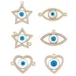 DIY Jewelry Making Finding Kit, Including Star & Heart & Horse Eye Brass Micro Pave Clear Cubic Zirconia Pendants & Links Connectors, Evil Eye Pattern, Golden, 11.5~19.5x17~25x4~5mm, Hole: 1.6~3.5mm, 6Pcs/box