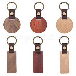 Chgcraft 6pcs 6 style porte-clés pendentif en bois, avec cuir d'imitation et les accessoires en fer, plat rond et rectangle, couleur mixte, 93~111mm, 1pc / style