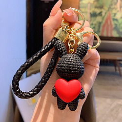 Porte-clés en résine lapin avec coeur, avec les accessoires de l'alliage et la cloche, noir, 7x3.5 cm