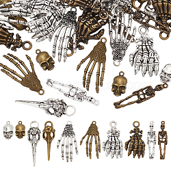 Fingerinspire 60 pièces 10 styles pendentifs en alliage, breloque os et squelette de la main, couleur mixte, 19~42.5x9~21.5x3~9.5mm, Trou: 1.5~5x1.5~4.5mm, 6 pièces / style