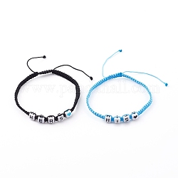Bracelets de perles de nylon tressés réglables, ensembles de bracelets de couple, avec des perles acryliques, cube, mot pour lui et pour elle, couleur mixte, diamètre intérieur: 2-1/4~3-3/8 pouce (5.8~8.7 cm), 2 pièces / kit