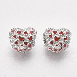 Perline in lega europeo, con smalto rosso, perline con foro grande, cuore, platino, 10x12x7.5mm, Foro: 4.5 mm