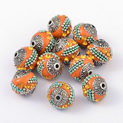 Handmade Indonesia Beads, with Alloy Cores, Round, Dark Orange, Antique Silver, 15x15x15mm, Hole: 2mm