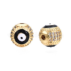 Perles de zircone cubique micro pave en Laiton, avec l'émail, véritable 18k plaqué or, ronde avec le mauvais œil, sans nickel, noir, 10mm, Trou: 2mm