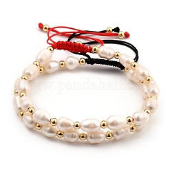 Set di braccialetti di perline intrecciate con filo di nylon regolabile, con perle d'acqua dolce coltivate naturali e perle di ottone, vero placcato oro 18k, colore misto, diametro interno: 5.5~9 cm (2-1/8~3-1/2 pollici), 2 pc / set