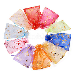 100 個 10 色のオーガンジー巾着ジュエリーポーチ  結婚披露宴のギフトバッグ  ホットスタンプ花柄の長方形  ミックスカラー  15x10x0.11cm  10個/カラー
