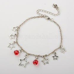 Tibetan Style Alloy Star Charm Anklets, Iron Cable Chains with Glass Beads, Alloy Lobster Claw Clasps and Brass Twist Tail Chains, Red, 225mm
