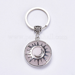 Porte-clés quartz rose naturel, avec accessoires en laiton, plat rond avec le soleil et la lune, 64mm