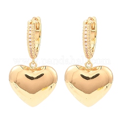 Brass with Cubic Zirconia Dangle Hoop Earrings, Heart, Light Gold, 31.5x17mm