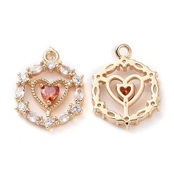 K9 Glass Pendants, with Golden Tone Brass Findings and Rhinestone, Flat Round with Heart Charms, Topaz, 20x15x3.3mm, Hole: 1.8mm