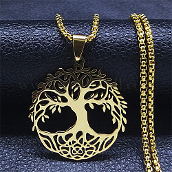 Colliers avec pendentifs en 304 acier inoxydable, arbre de la vie, or, 23.54 pouce (59.8 cm)