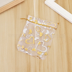 Sacs-cadeaux rectangulaires en organza avec cordon, pochettes en forme de cœur estampées à l'or pour le rangement des cadeaux de fête de mariage, clair, 12x9 cm