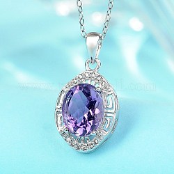925 Sterling Silver Pendants, with Glass and Rhinestone, Oval, Blue Violet, Silver, Crystal
