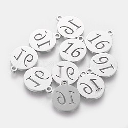 201 Stainless Steel Pendants, Flat Round with Number 16, Stainless Steel Color, 14x12x1.1mm, Hole: 1mm
