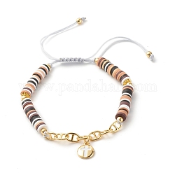 Bracelet tressé perles heishi en pâte polymère, bracelet à maillons de marin en laiton, bracelet à breloques croix pour femme, or, noir, diamètre intérieur: 2-3/8~3-1/2 pouce (6~9 cm)