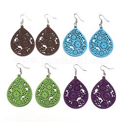 Trendy Teardrop Wood Dangle Earrings, with Platinum Tone Alloy Earring Hooks, Mixed Color, 69~72x38~40mm, pin: 0.8mm