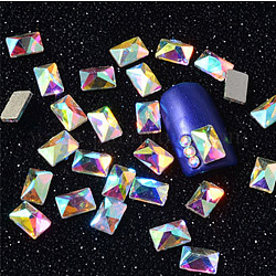Glass Rhinestone Flat Back Cabochons, Nail Art Decoration Accessories, Faceted, Rectangle, Crystal AB, 6x4mm, about 10pcs/bag