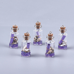 Glas, das Flaschenanhängerdekorationen wünscht, mit harz & papier & schale, mit Korken und Eisenfunden, Medium lila, 40~42x16 mm, Bohrung: 2 mm