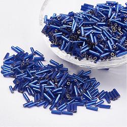 Abalorios de vidrio bugle, plata forrada, azul real, 9x2mm, agujero: 0.5 mm, aproximamente 7000 unidades / bolsa