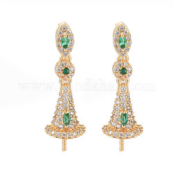 Brass Micro Pave Clear Cubic Zirconia Stud Earring Findings, for Half Drilled Beads, Nickel Free, Flat Round with Cone, Real 18K Gold Plated, Green, 26x8mm, Pin: 0.6mm, Pin: 0.6mm, pin: 0.9mm(for half drilled beads)