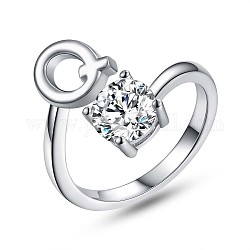 Открытое кольцо-манжета из серебра 925 пробы с родиевым покрытием и буквой, прозрачное кольцо из кубического циркония для женщин, платина, letter.q, размер США 6 1/2 (16.9 мм)